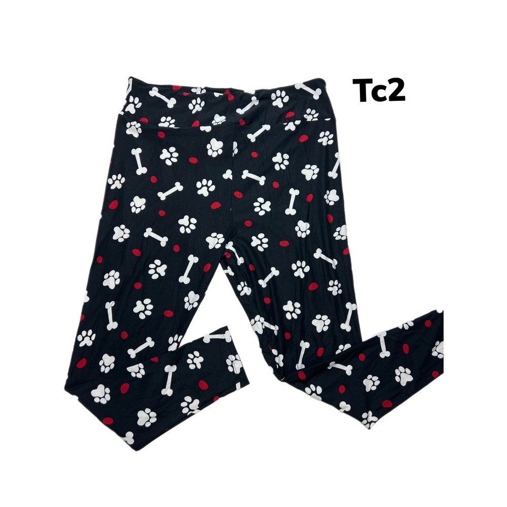 Tc2 LuLaRoe Leggings Dog Paw Bones Prints on Black Red Dots Rare Fits 18/24